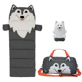 Aspen the Wolf Kid's 3 Piece Camping Combo Set (Duffel Bag, Sleeping Bag, Lantern)