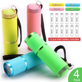 Glow In Dark Flashlight; Rubber Coated Mini 9 LED Flashlight; Portable Handy Light For Camping; Hiking; Night Reading; Cycling; Backpacking (Color: 4Colors PACK-Including Battery)