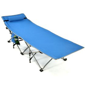 Folding Camping Cot with Side Storage Pocket Detachable Headrest (Color: Blue)