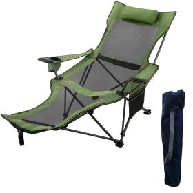 Folding Camp Chair 330 lbs Capacity w/ Footrest Mesh Lounge Chair, Cup Holder and Storage Bag (Color: Green)