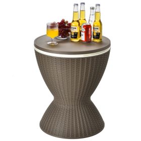 Patio 8 Gallon Patio Rattan Cooler Bar Table With Adjust Ice Bucket (Color: brown, Type: Beverage Cooler Bar Table)